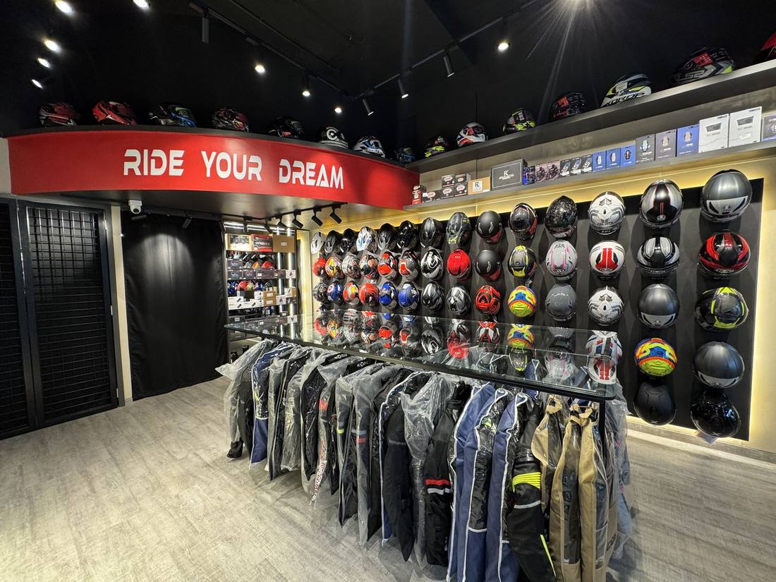 Bikester Global Navi Mumbai (Seawoods) store interior with helmet wall